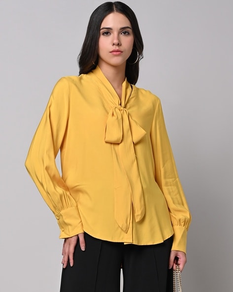 Yellow tie neck store blouse