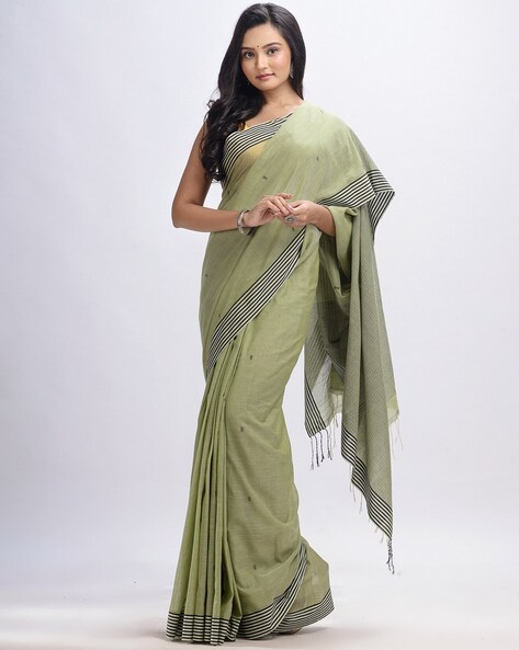 Full Sequins Embellished Georgette Saree in Sage Green with Scalloped –  Shobitam