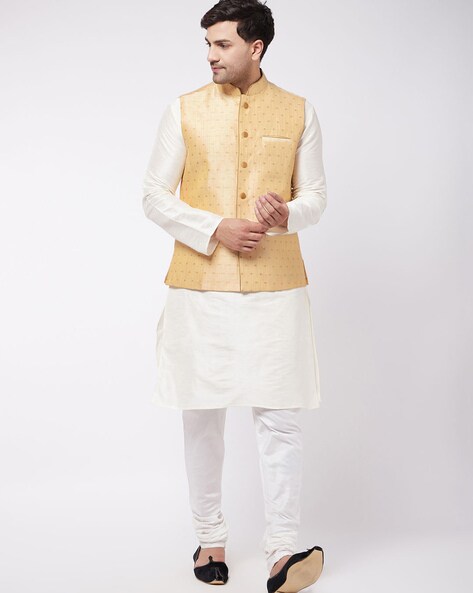 White Cotton Kurta Pajama With Jacket 272174