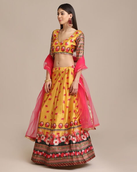 Silk Embroidered Latte Gold With Fire Yellow And Multicolor Lehenga Se –  Heritage India Fashions