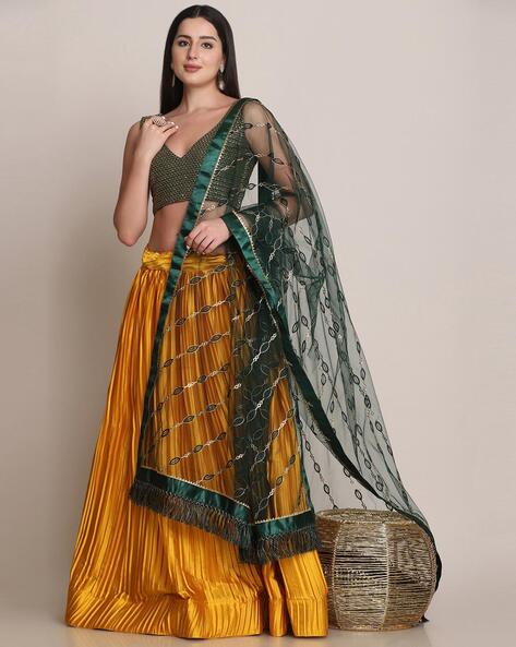 SHUBHKALA Olive Green Embroidered Lehenga and Choli Set With Dupatta