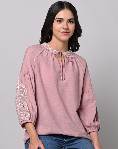 Gipsy Woman Embroidered Tie-Up Neck Top