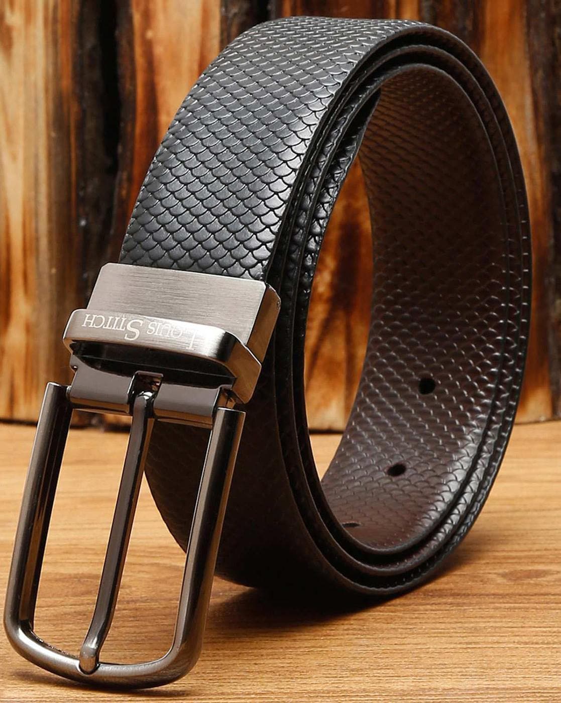 LOUIS STITCH Men Reversible Belt with Tang-Buckle Closure For Men (Charcoal, 38)