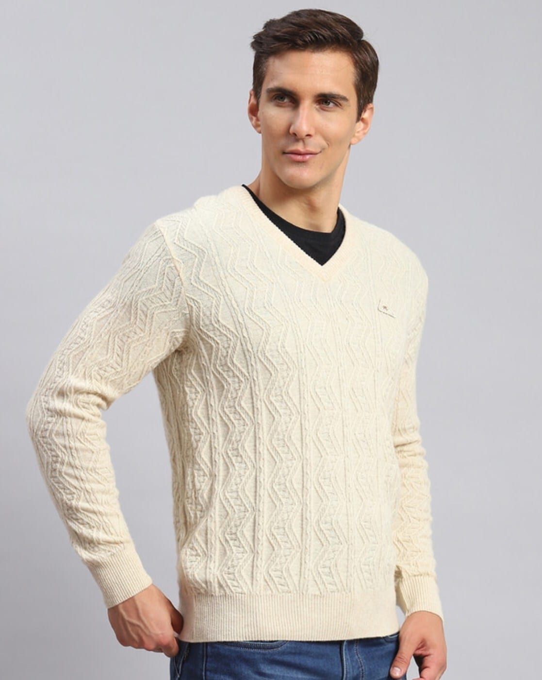 Mens cream v deals neck jumper