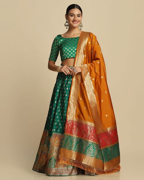 Buy Online Silk Green and Orange Printed Trendy Lehenga Choli : 257860 -