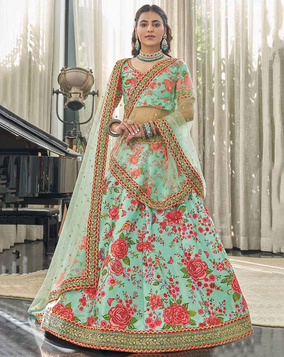 Zeel Clothing Women's Green Silk Embroidered Floral Lehenga Choli with  Dupatta (ZC-7019-New-Green-Wedding-Lehenga; Free Size) : Amazon.in: Fashion