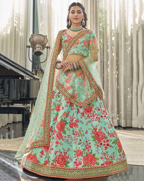 Radiant Sea Green Net Embroidered Partywear Lehenga Choli.– Inddus.in
