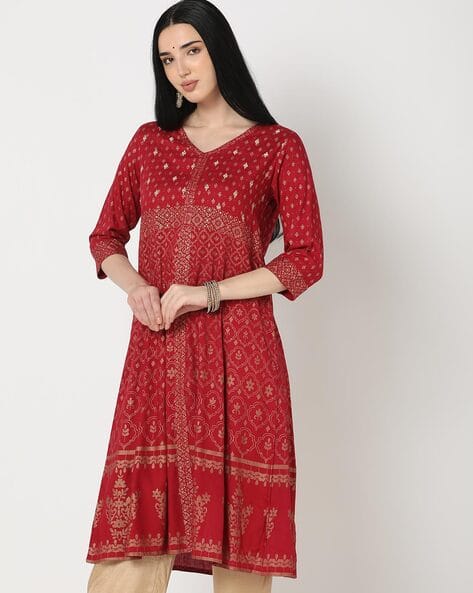 AABTA Printed V-Neck A-Line Kurta