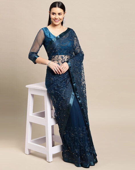 Ice Blue Heavy Mirror Work Saree With Metallic Blouse – Studio East6