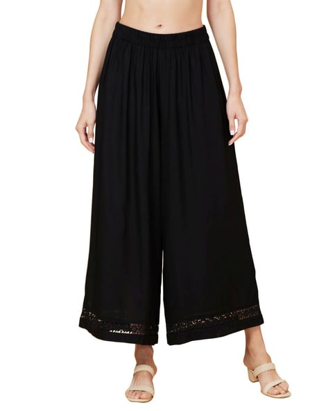Buy Jet Black Long Embroidered Kurta Top with Matching Palazzo Pants Online