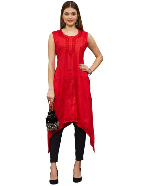 Fizaa Rayon Cotton Chikankari Kurta | Red Chikankari Kurta For Women -  House Of Kari (Chikankari Clothing)