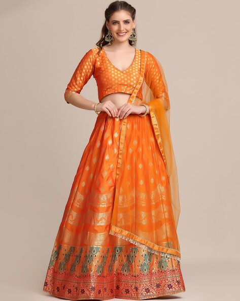 Buy Orange Blouse And Lehenga Chiniya Silk Hand Embroidered Floral Set For  Women by Paulmi and Harsh Online at Aza Fashions.