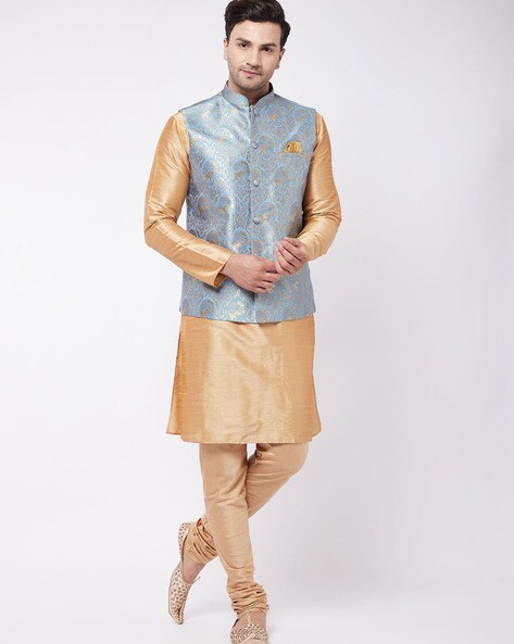 Sky Blue and Beige Kurta Pajama in Modi Style Jacket RL6875322