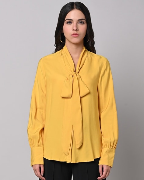 Yellow tie cheap neck blouse