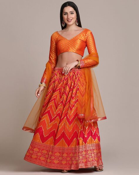 Buy Women Orange Floral Print Lehenga Set With Embroidered Blouse And  Dupatta - Feed Luxe Lehenga - Indya