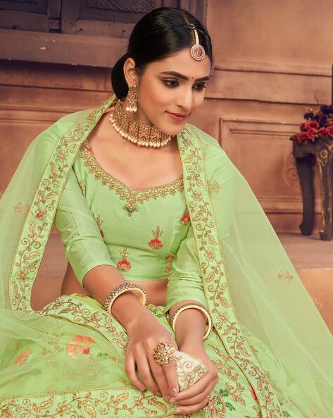 Embroidered Art Silk Lehenga in Light Green and Olive Green : LNJ411