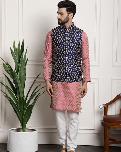 Banarasi Silk Fabric Pink Color Festive Wear Readymade Stunning Kurta  Pyjama For Men With 3 Pcs Jacket Set