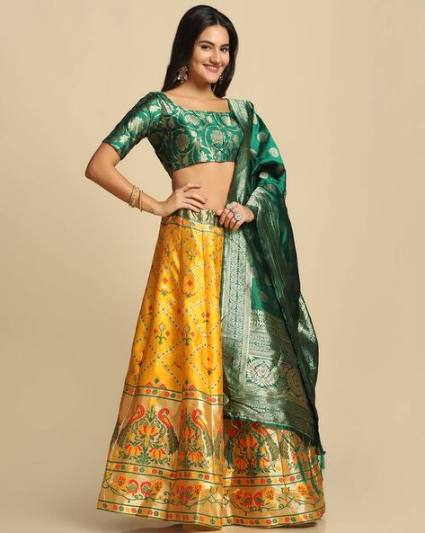 Banaras silk green and mustard yellow lehenga choli set. – Lagorii Kids