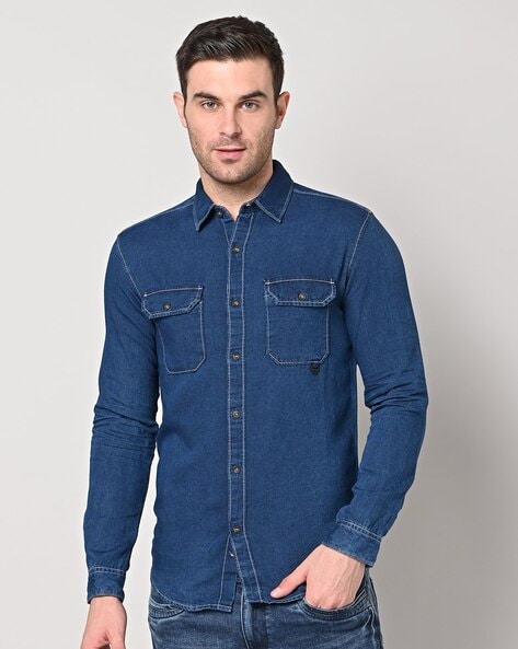 Spykar Men Dark Grey Cotton Slim Fit Half Sleeve Denim Shirt