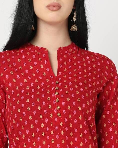 Buy Red Mandarin Neck Embroidered Kurta Online - W for Woman