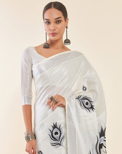 Half white Kalamkari design saree – Meshira