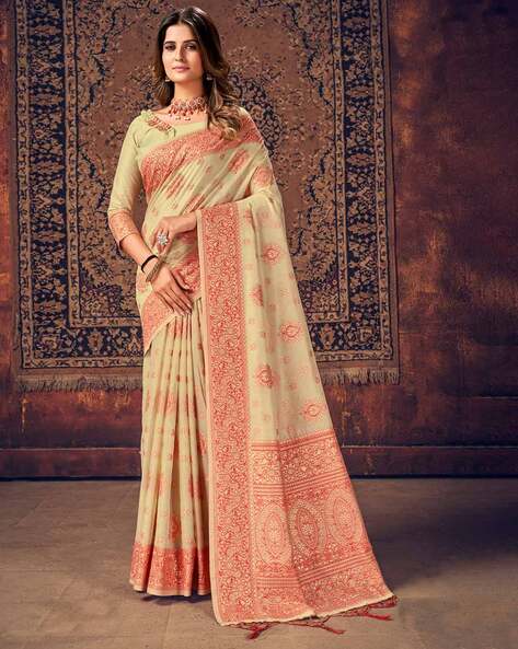 Buy AFORMI Woven, Printed Banarasi Pure Silk Saree Cream Colour Online at  Best Prices in India - JioMart.