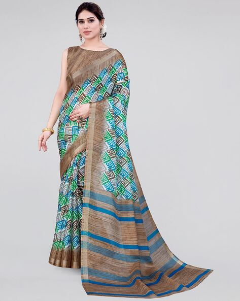 Brown Soft Lichi Silk Striped Saree