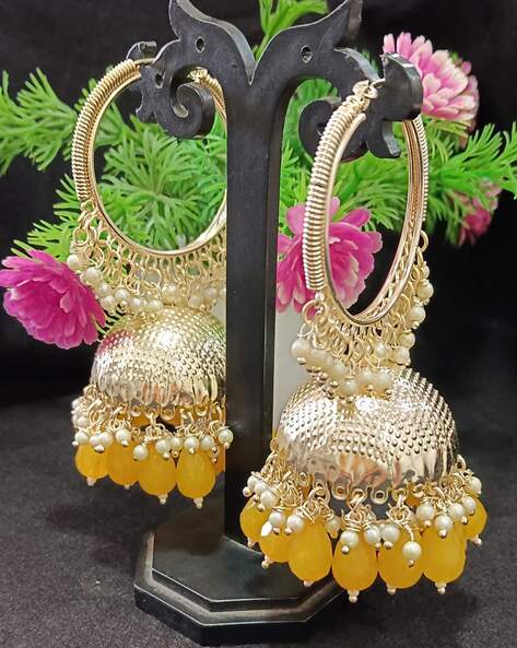 Gold Finish Kundan Polki & Multi-Colored Stone Jhumka Earrings