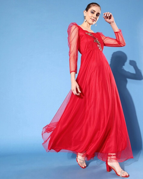 Buy Red Floral Flared Gown Online at Best Price at Global Desi-  FW22GM242MXORZ