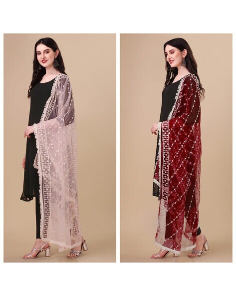 Pack of 2 Embroidered Dupattas with Tassels Price in India