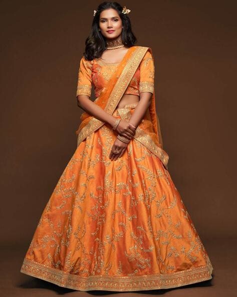 Orange Abstract Print Lehenga Set With Contrast Blouse And Dupatta And Belt  - Hijab Online