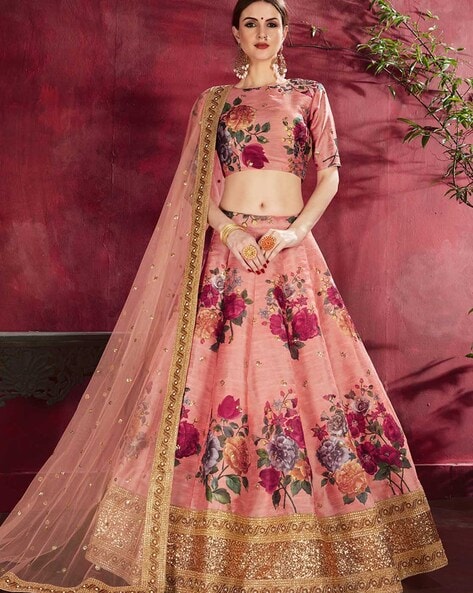 Peach Multi Heavy Embroidered Zari Silk Lehenga – Maharani