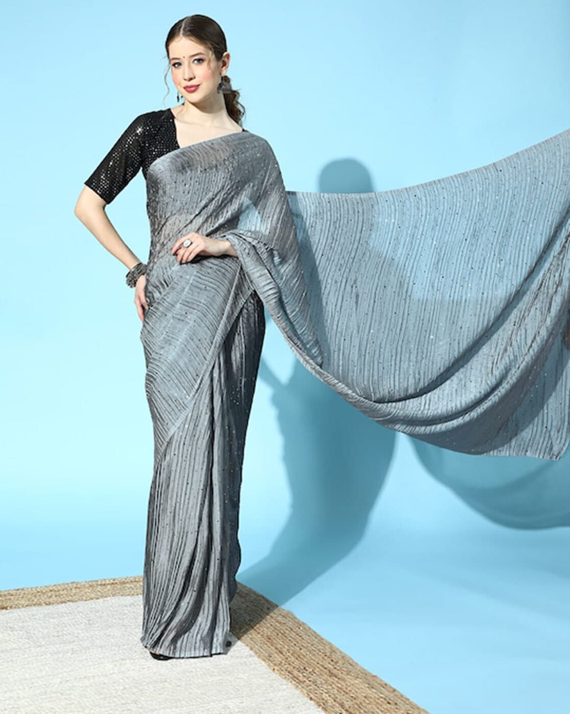 grey blue embroidered lycra saree with dupion silk blouse 10701