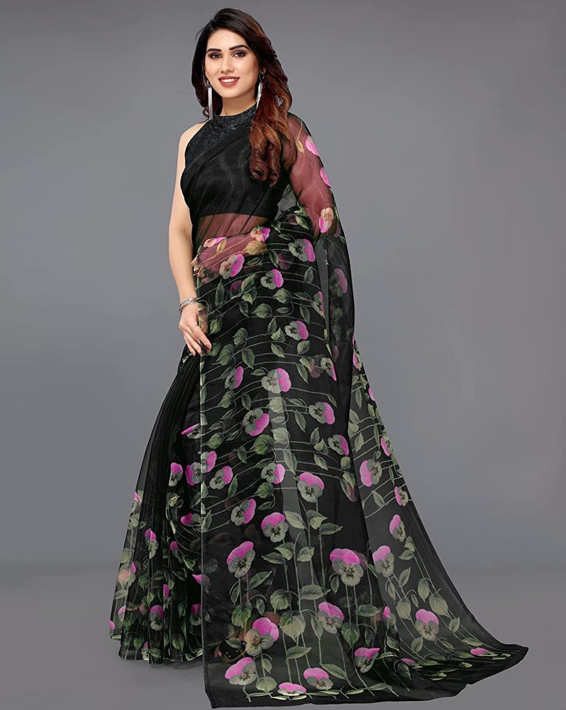 Black Organza Saree In Floral Print Saree 4373SR04