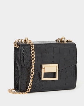 Black croc embossed boxy cross body bag sale