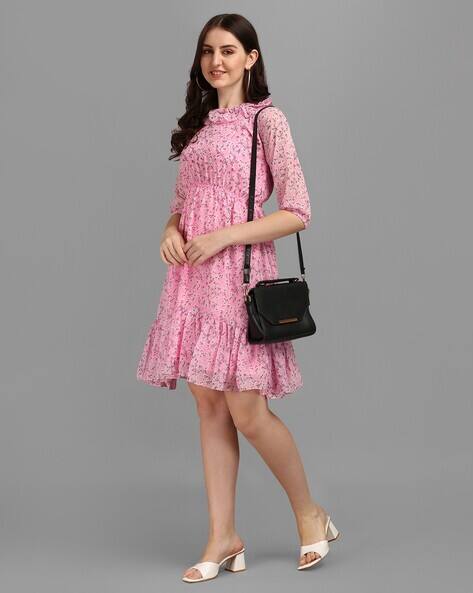 strapless open back dress Marquee Pink Sequin Floral Detail Off-Shoulder Dress