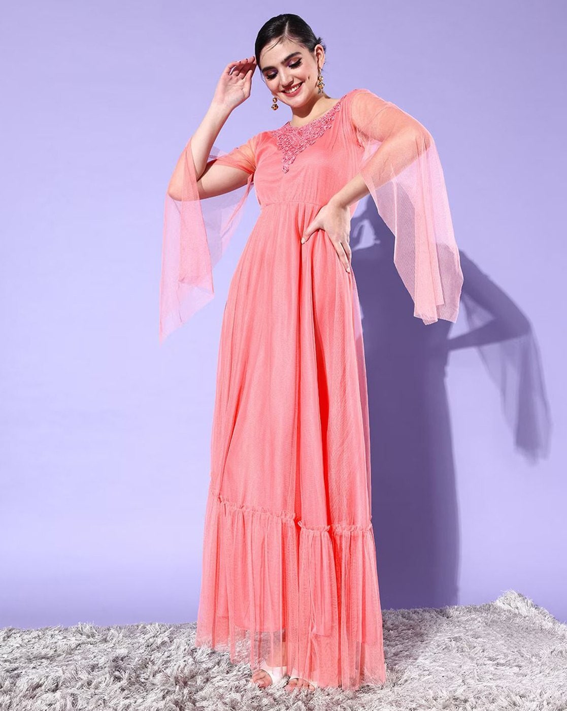 Peach leheriya cotton gown dress - Rangpur - 4272674