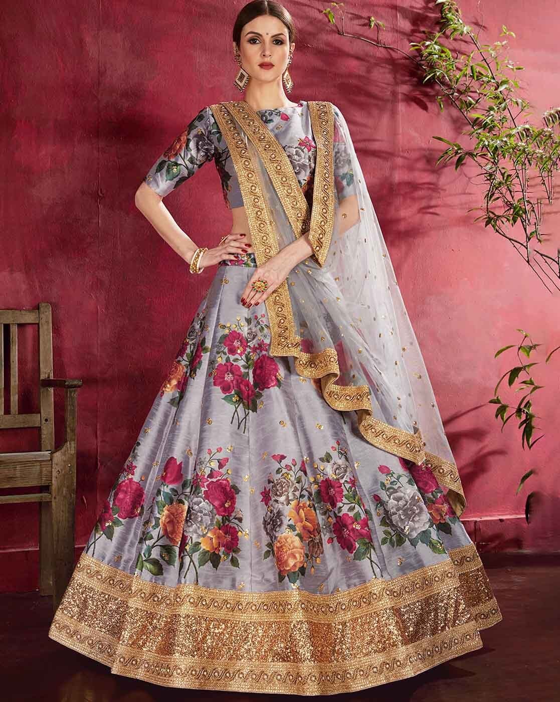 Buy Grey Satin Digital print karesig Party Wear Lehenga choli Online