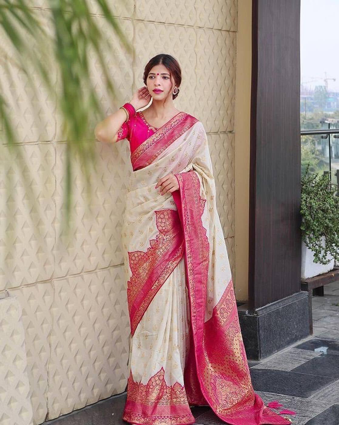 Off White Pink Border Color Saree With Copper Zari Weaving Banarasi Be –  garment villa