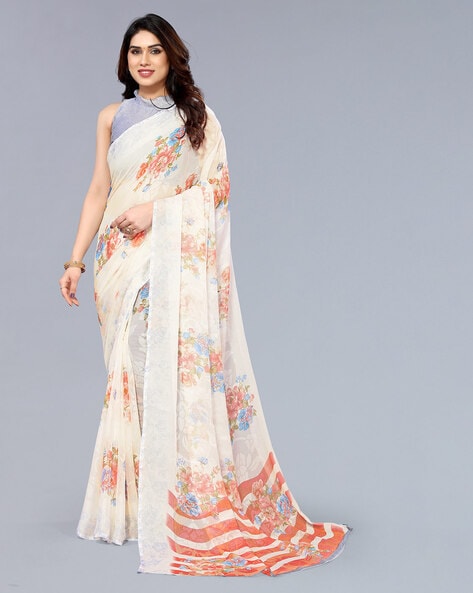 Floral Print Designer Half-Half Lycra Saree