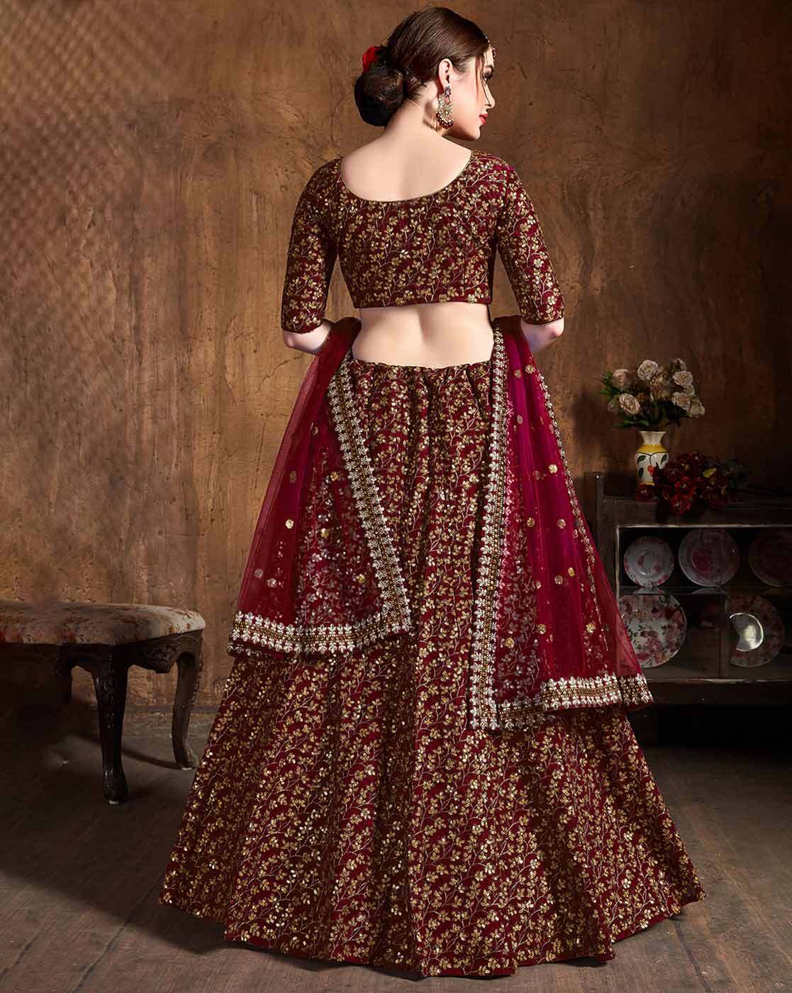 Buy Maroon Embroidered Velvet Bridal Lehenga Choli With Double Dupatta  Online At Zeel Clothing