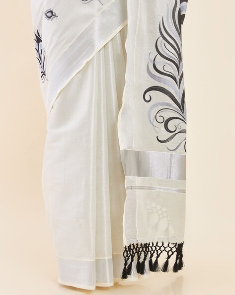 Premium Silver Tissue Embroidery Kerala Saree – 6C3211 | Dhoti.Net