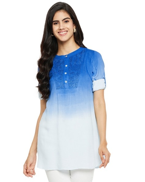 Ruhaans Ombre-Dyed Top with Roll-Up Sleeves