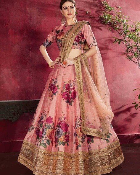 Peach Red Velvet Embroidered Bridal Reception Heavy Border Lehenga Choli