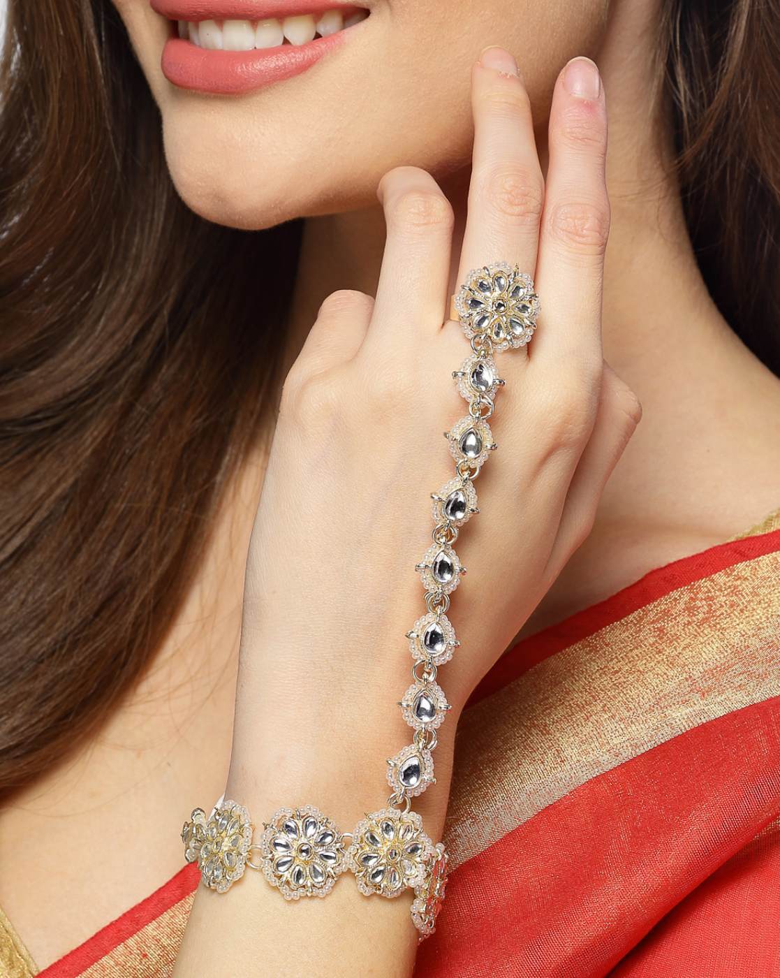 Women Kundan & Pearls Studded Ring Bracelet Bracelets Hath Paan Ring and  Bracelet Combo Haath Panja - Etsy