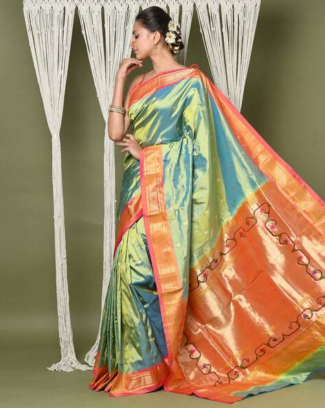 Green Handloom Paithani Saree with muniya motifs, contrast muniya border &  pallu of multicolor peacock & parrot design