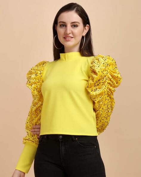 Embellished High-Neck Top with Sequin Accent