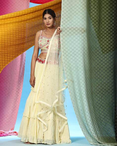 Buy Wedding Wear Lemon Yellow Embroidery Work Net Lehenga Choli Online From  Surat Wholesale Shop.