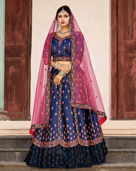 Satin Embroidery Lehenga in Navy Blue | Lehenga choli, Blue lehenga, Bridal  lehenga choli