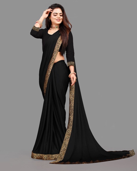Black Saree in Georgette with Contrast Embroidery Border-sgquangbinhtourist.com.vn